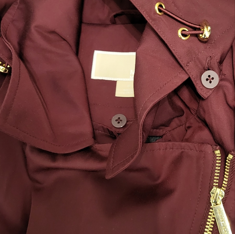 MICHAEL KORS Asymmetrical Zip Mid Length Trech Coat with Hood Maroon M - Picture 7 of 10